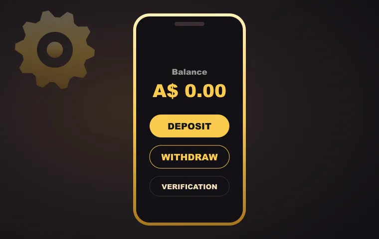 MonsterWin casino cashier on a phone with an A$ balance, deposit and withdraw buttons