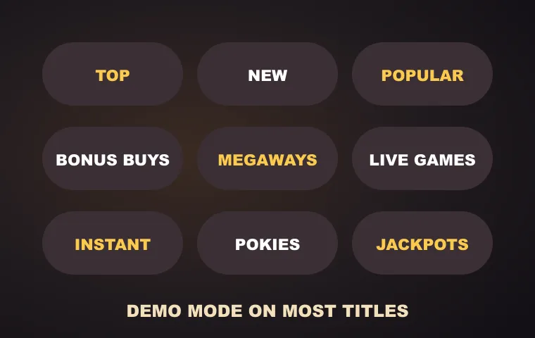 MonsterWin casino lobby sections from Top and New to Megaways, Live Games and Jackpots