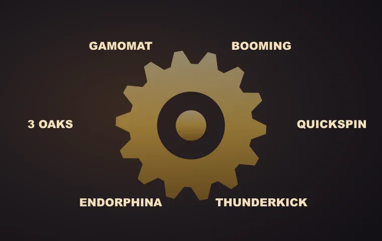 Studios around a gold gear at MonsterWin casino, including Quickspin and Thunderkick